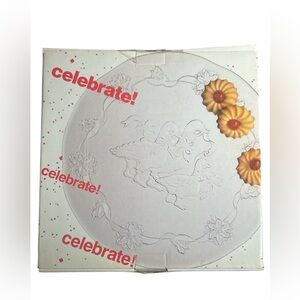 Holiday Glass Platter Christmas Geese w/ Ribbons Poinsettia 13” (small flaw)